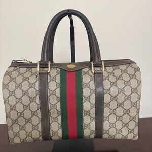 Vintage Gucci GG Supreme Boston Bag Sherry Line Web Stripe Satchel